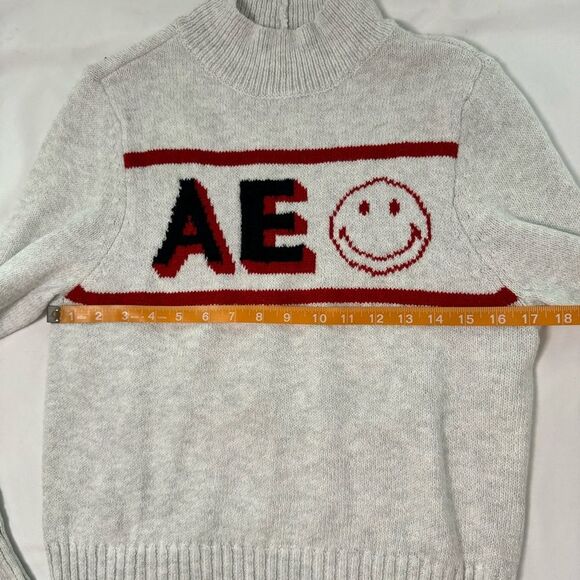 American Eagle x Smiley Mock Neck Sweater Grey Size M Retro Preppy Long Sleeve - Picture 3 of 8